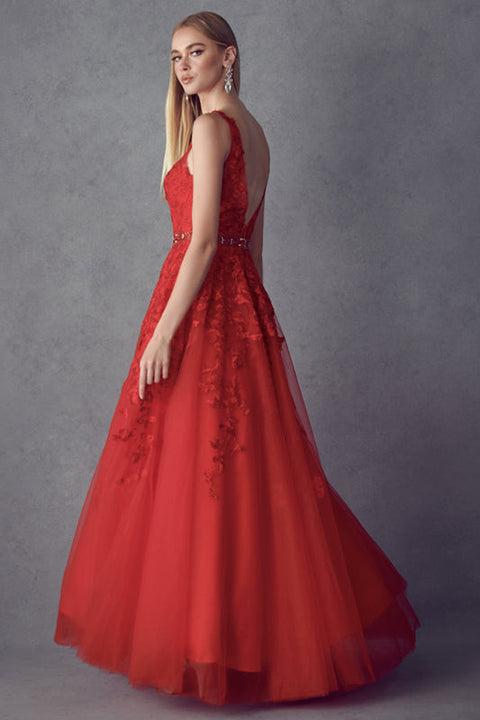 V-Neck Tulle Gown with Floral Appliques by Juliet 224