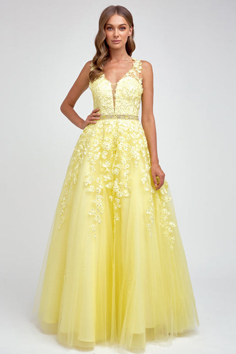 V-Neck Tulle Gown with Floral Appliques by Juliet 224