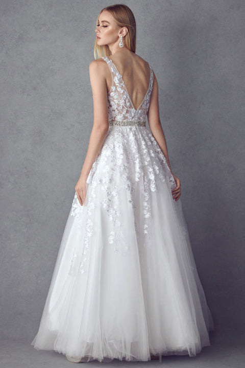 V-Neck Tulle Gown with Floral Appliques by Juliet 224