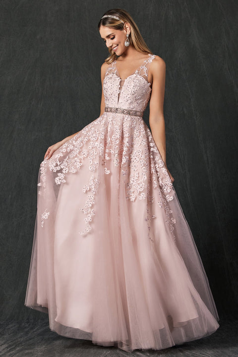 V-Neck Tulle Gown with Floral Appliques by Juliet 224