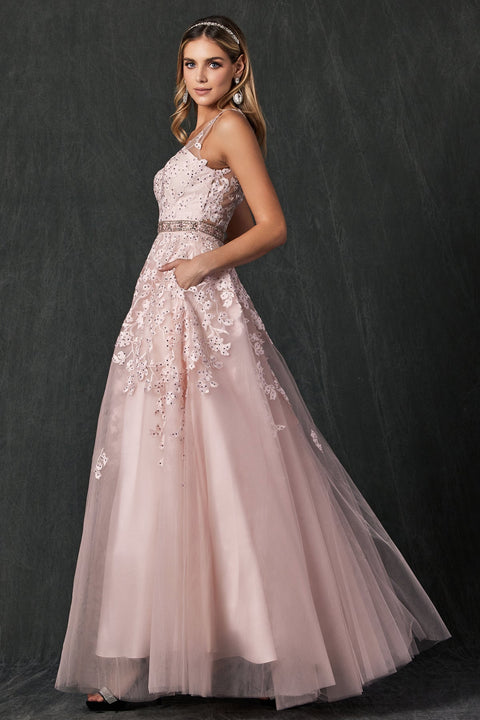 V-Neck Tulle Gown with Floral Appliques by Juliet 224