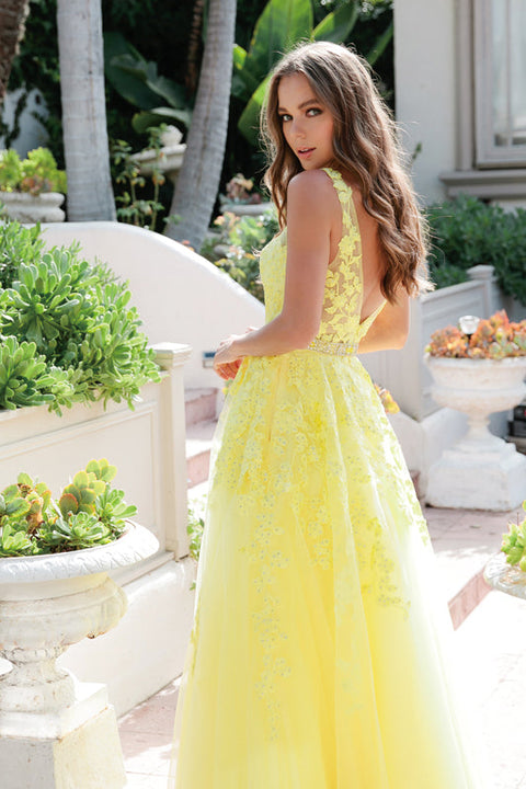 V-Neck Tulle Gown with Floral Appliques by Juliet 224