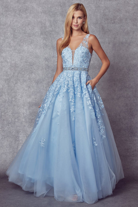 V-Neck Tulle Gown with Floral Appliques by Juliet 224