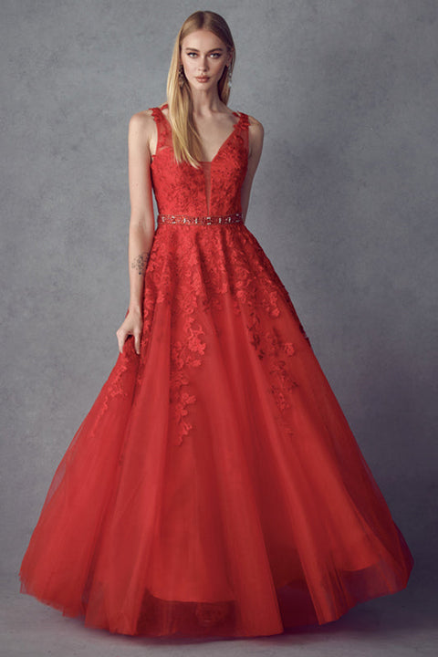 V-Neck Tulle Gown with Floral Appliques by Juliet 224