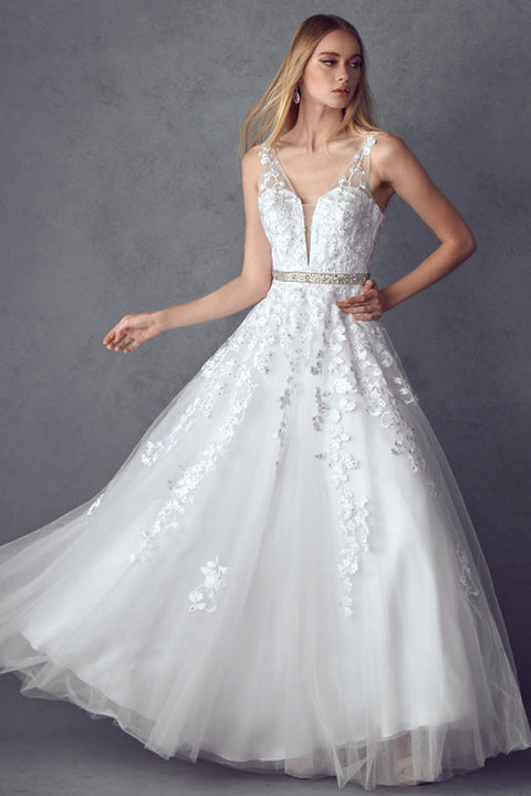 V-Neck Tulle Gown with Floral Appliques by Juliet 224