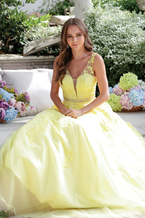 V-Neck Tulle Gown with Floral Appliques by Juliet 224