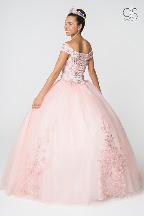 Elizabeth K GL2802: Off Shoulder Ball Gown with Floral Embroidery