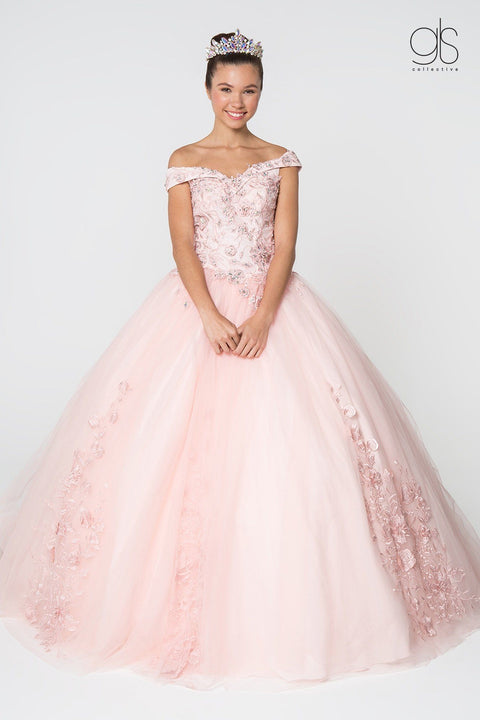 Elizabeth K GL2802: Off Shoulder Ball Gown with Floral Embroidery
