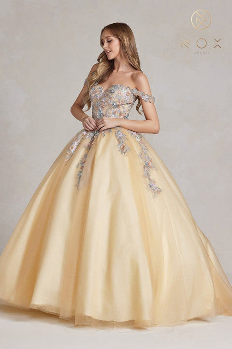 Nox Anabel JU809: Off Shoulder Ball Gown with Floral Embroidery