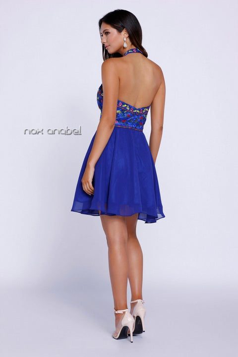 Embroidered Short Halter Dress with Floral by Nox Anabel 6235