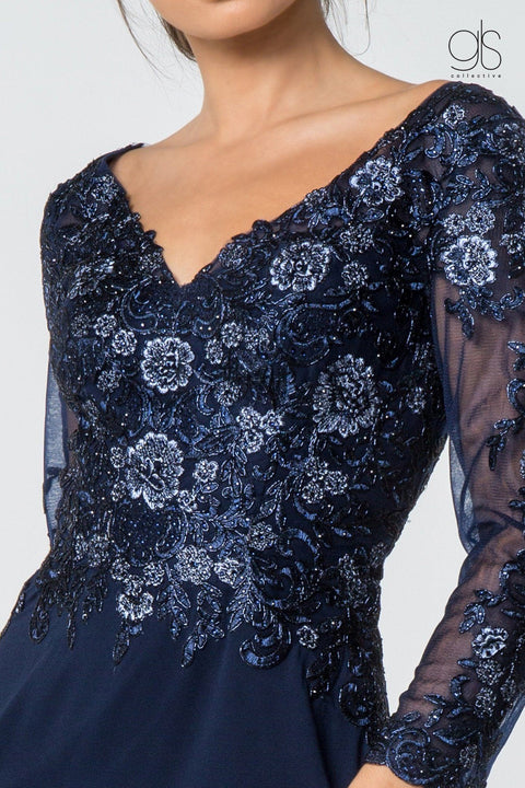 Elizabeth K Gl2825: Long V-Neck Dress with Floral Lace and Sleeves – alternate view 2