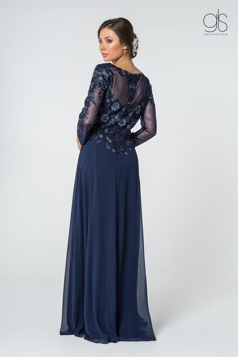 Elizabeth K Gl2825: Long V-Neck Dress with Floral Lace and Sleeves – alternate view 3