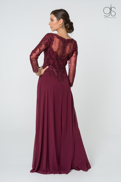 Elizabeth K Gl2825: Long V-Neck Dress with Floral Lace and Sleeves – alternate view 6