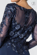 Elizabeth K GL2825: Long V-Neck Dress with Floral Lace and Sleeves