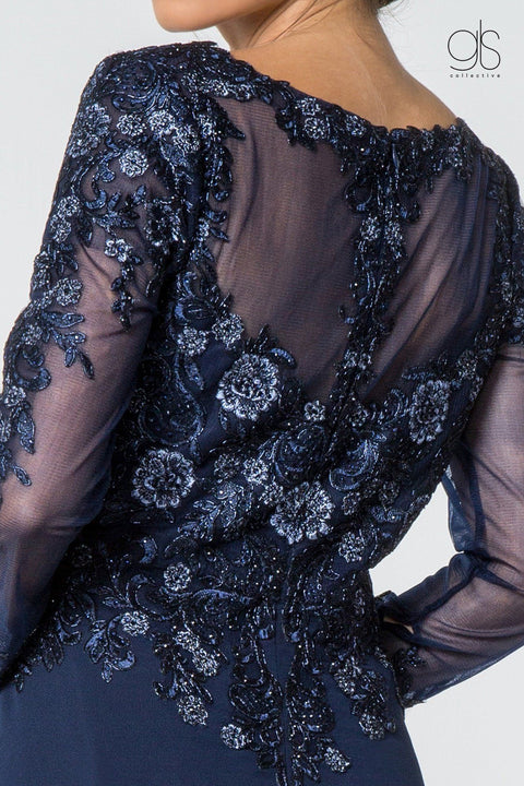 Elizabeth K Gl2825: Long V-Neck Dress with Floral Lace and Sleeves – alternate view 4
