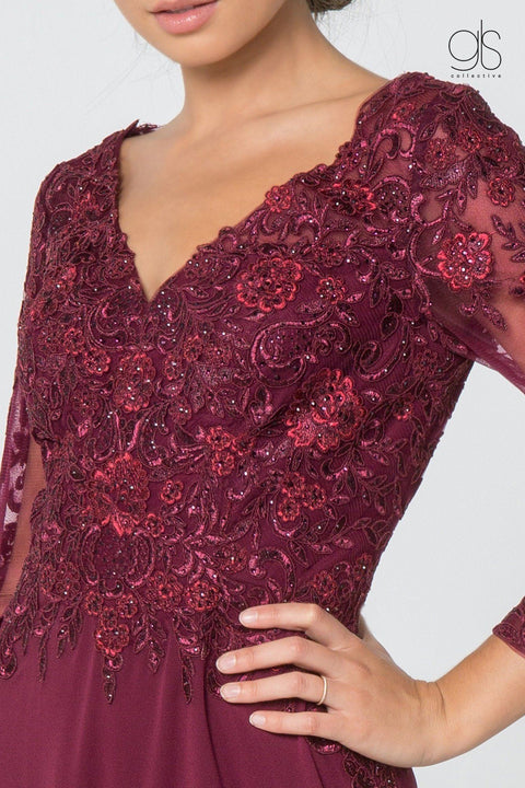 Elizabeth K Gl2825: Long V-Neck Dress with Floral Lace and Sleeves – alternate view 7