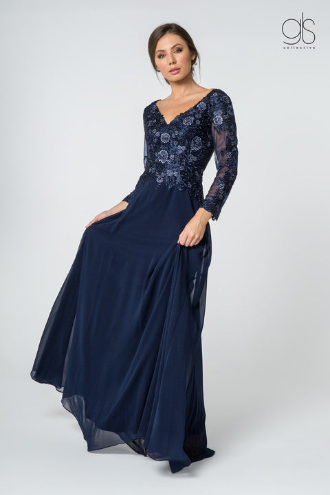 Elizabeth K Gl2825: Long V-Neck Dress with Floral Lace and Sleeves