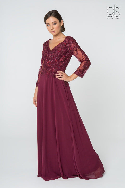 Elizabeth K Gl2825: Long V-Neck Dress with Floral Lace and Sleeves – alternate view 5