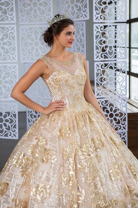 Quinceanera Dress with Floral Sequin Illusion  by Calla KY77239X