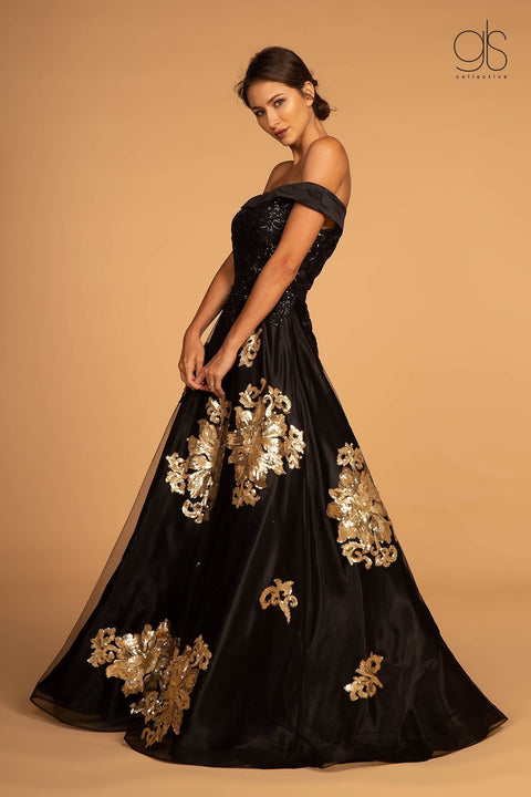 GLS Gloria GL2542: Long Off the Shoulder Dress with Floral Sequin Design