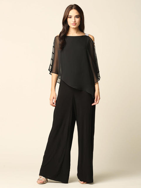 Formal Chiffon Cape Overlay Pants Suit