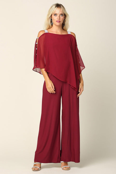 Formal Chiffon Cape Overlay Pants Suit