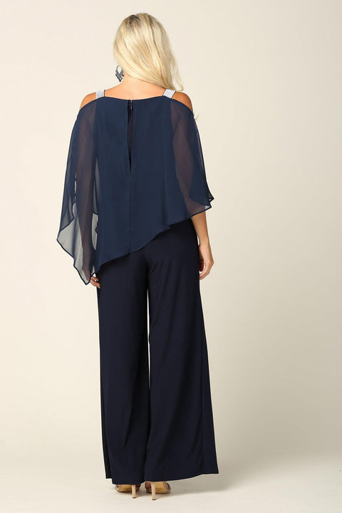 Formal Chiffon Cape Overlay Pants Suit