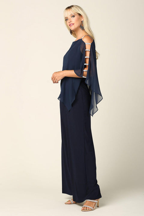Formal Chiffon Cape Overlay Pants Suit