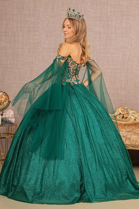 Elizabeth K GL3139: Ball Gown with Glitter and Cape Sleeves