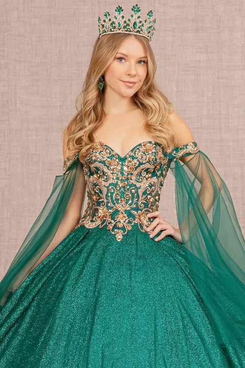 Elizabeth K GL3139: Ball Gown with Glitter and Cape Sleeves