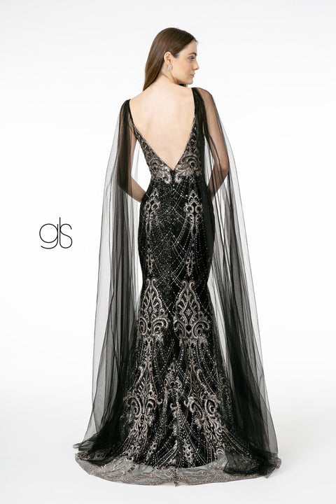 Glitter Embellished Cape Mermaid Dress by Elizabeth K GL1810