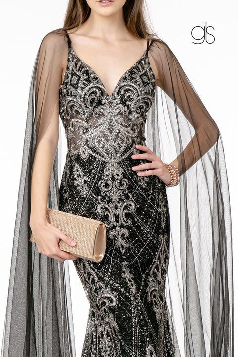 Glitter Embellished Cape Mermaid Dress by Elizabeth K GL1810