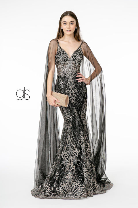Glitter Embellished Cape Mermaid Dress by Elizabeth K GL1810