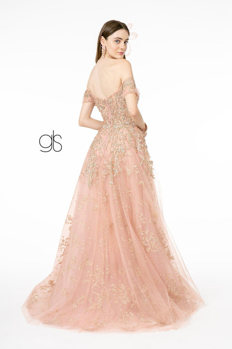 Glitter Embellished Long Off Shoulder Dress by Elizabeth K GL1805