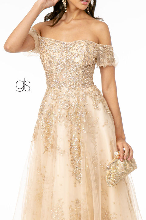 Glitter Embellished Long Off Shoulder Dress by Elizabeth K GL1805