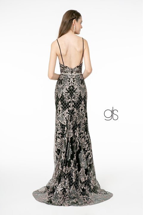 Elizabeth K GL2990: Long Fitted V-Neck Dress with Glitter Embroidery