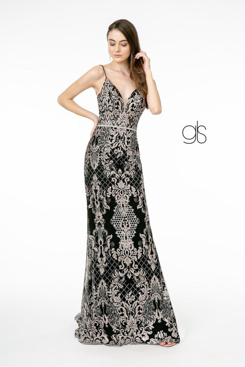 Elizabeth K GL2990: Long Fitted V-Neck Dress with Glitter Embroidery
