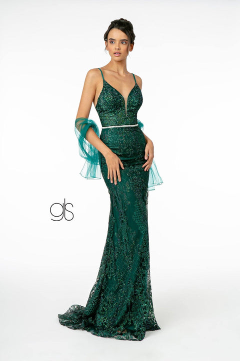 Elizabeth K GL2990: Long Fitted V-Neck Dress with Glitter Embroidery
