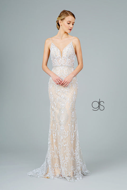 Elizabeth K GL2990: Long Fitted V-Neck Dress with Glitter Embroidery