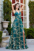 Adora 3137: A-line Slit Gown with Glitter Floral Print