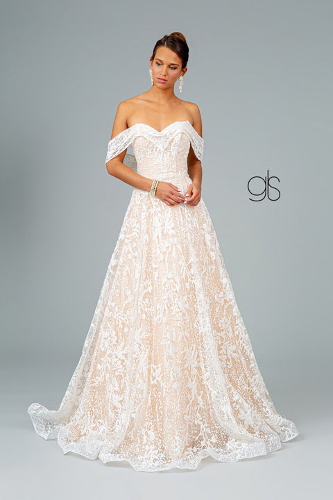 Glitter Mesh Long Off Shoulder Wedding Dress by Elizabeth K GL2937