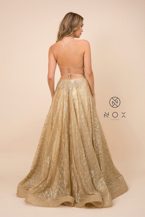 V-Neck Glitter Mesh Gown with Corset Back by Nox Anabel R349
