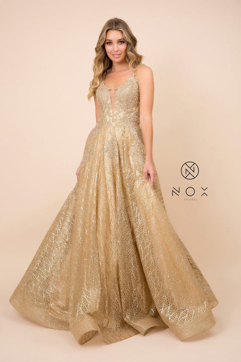 V-Neck Glitter Mesh Gown with Corset Back by Nox Anabel R349