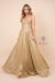 V-Neck Glitter Mesh Gown with Corset Back by Nox Anabel R349