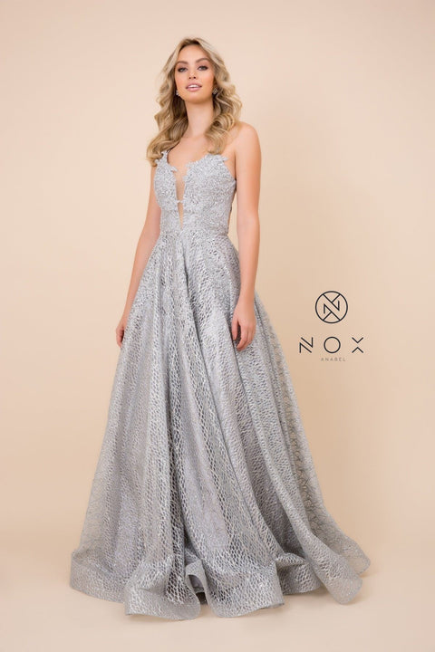 V-Neck Glitter Mesh Gown with Corset Back by Nox Anabel R349