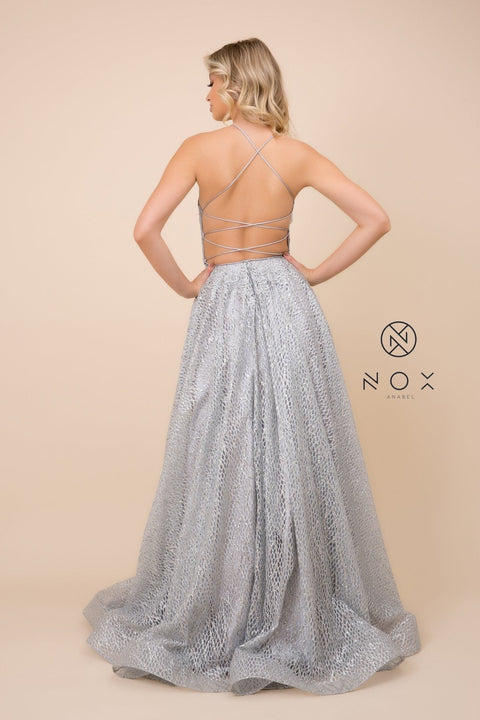 V-Neck Glitter Mesh Gown with Corset Back by Nox Anabel R349
