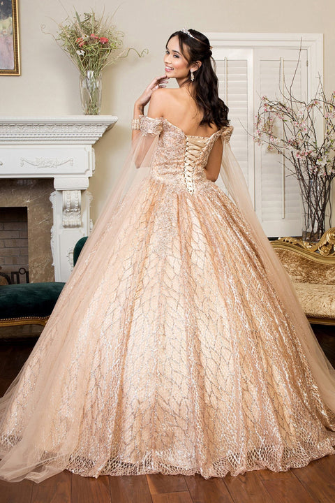 Elizabeth K GL1926: Off Shoulder Ball Gown with Glitter