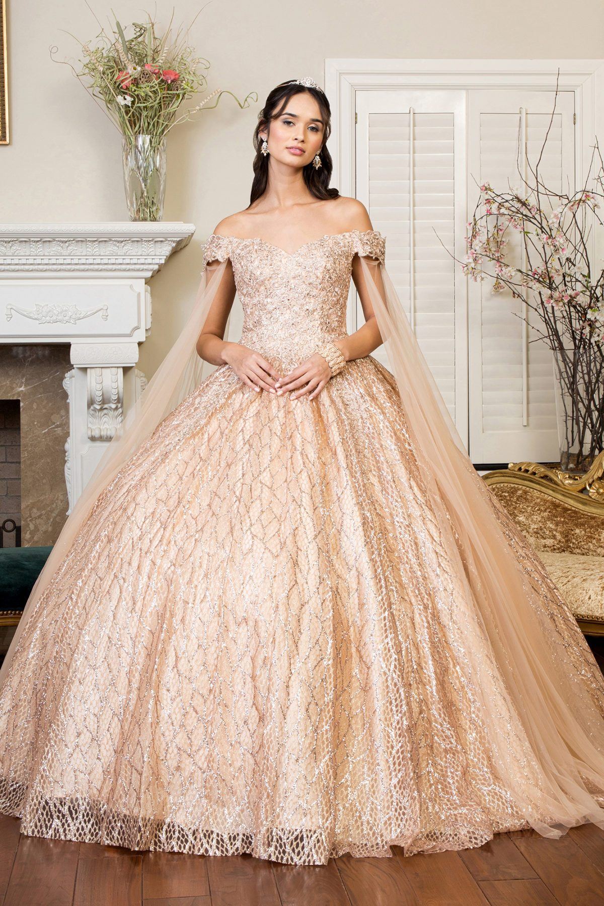 glitter off the shoulder wedding dress Off-Shoulder A-Line Glitter Wedding Dress – HAREM's Brides main image 0