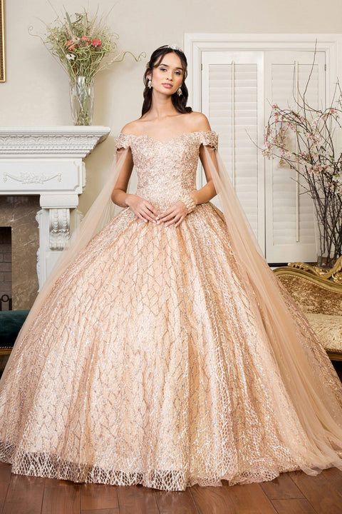 Elizabeth K GL1926: Off Shoulder Ball Gown with Glitter