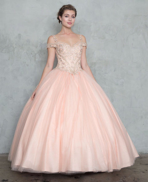 Off Shoulder Glitter Ball Gown with Embroidered Bodice
